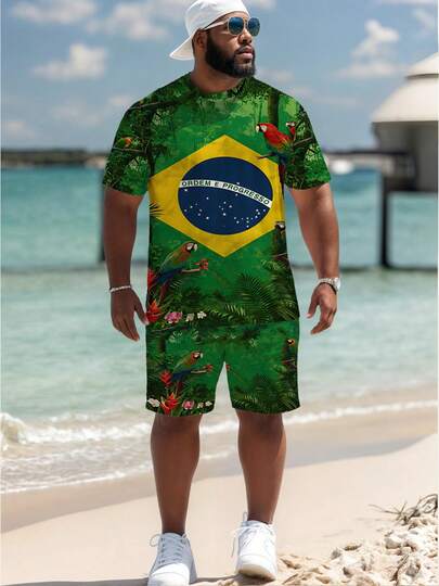 Conjunto de 2 piezas de talla grande para hombre con estampado de palmeras, plantas tropicales y animales, de manga corta. Conjunto de pantalón corto y camisa de estilo deportivo con temática de la Copa Mundial, ropa deportiva casual de verano de talla grande.