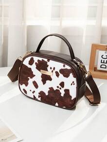 奶牛纹斜挎包，女士手提包，配有可调节肩带和提手，轻便休闲单肩包，适合女孩使用 - 咖啡 - 查看 4