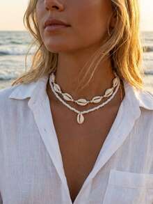 2pcs Bohemian Double Layer Shell Necklace Choker, Women Beaded Lightweight Luxury Necklace, Boho Design