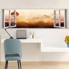 1pc Removable Wall Sticker Mural, Sunset Geese Returning Home & Scenic Mountain View Window Decal, Peel And Stick, Home Decor Wall Art - Multicolor - View 4