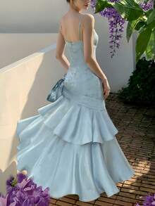 Shiny Ruched Ruffled Hem Party Dress, Elegant Iridescent Spaghetti Strap Concert Outfit, Fashionable Wedding Bridesmaid Formal Birthday Back To School Dress, Summer Autumn - Baby Blue - View 4