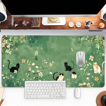 1 件装可爱猫咪绿花草地桌面垫，时尚设计加长鼠标垫，适用于办公和游戏，美观的桌面保护垫，可水洗橡胶垫，防滑锁边，多尺寸鼠标垫，适合家庭办公室使用，是送给家人和朋友的好礼物