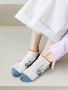 1/5双可爱小熊图案女士短袜，透气竹棉大网眼设计，可爱学院风，适合春秋季日常穿着 - 彩色 - 查看 2