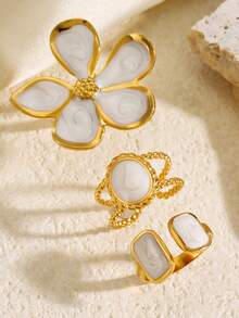 3pcs 18K Gold Plated Stainless Steel Elegant Geometric Flower Enamel White Ring Set, Versatile For Women Daily, Festival, Party, Date Wear - Multicolor - View 7