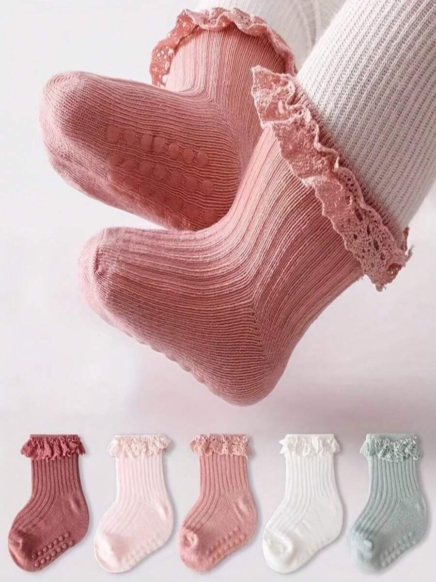 5双婴儿/幼儿女童蕾丝边防滑袜，适合小公主日常休闲穿着 - 彩色 - 查看 1