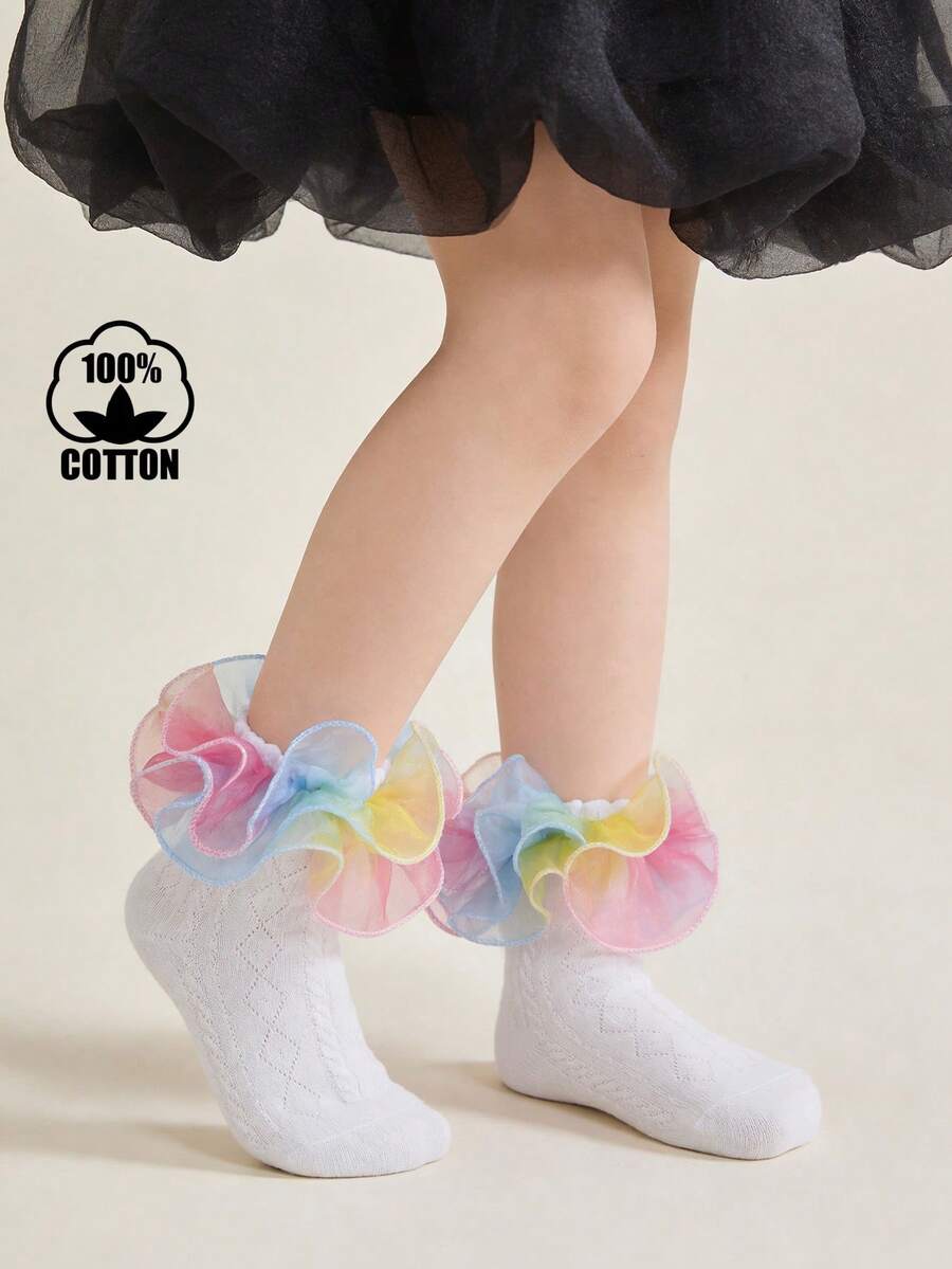 1 Pair Cotton Children's Lace Trim Short Socks, Fluffy Lace Mesh Girls' Lace Trim Socks, Cute Princess Dance Socks - White - View 1