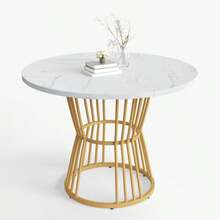 Round Dining Table (1 Piece), Kitchen Table, Unique Metal Frame, Modern Marble Pattern Dining Table, Suitable For Dining Room And Living Room, White/Black - White - View 12