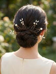 6/12pcs Boho Leaf Design Pearl Hair Sticks, Romantic Gold Tone Hair Jewelry Gift For Women Party - Gold - View 4