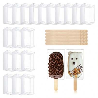 60PCS Ice Cream Cakesicle Boxes Set, 30 Clear Cake Pop Boxes & 30 Wooden Popsicle Sticks,Transparent Cakesicle Packaging For Birthday Parties, Baby Shower Weddings & Diy Treats
