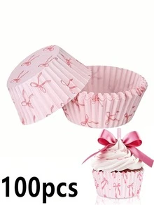 100个蝴蝶结装饰纸杯蛋糕衬垫，迷你甜点杯，粉色蝴蝶结图案纸杯蛋糕包装纸，耐热烘焙杯，派对蝴蝶结设计纸杯蛋糕托，迷你蛋糕装饰杯，粉色开胃菜杯，手持迷你纸杯蛋糕托，适合情人节和其他节日，也可作为办公室装饰、桌面装饰，或放置在客厅、卧室等处。 - 彩色 - 查看 10