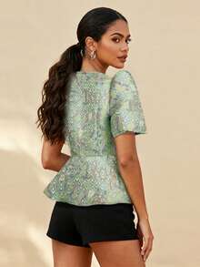 1 Stück modernes Filipiniana Top mit Peplum & Schmetterlingsärmeln, Knopfverschluss, Damen Kurzarm Bluse für Urlaub, Alltag, Date, Reise, Frühling/Sommer - Grün - Übersicht 5