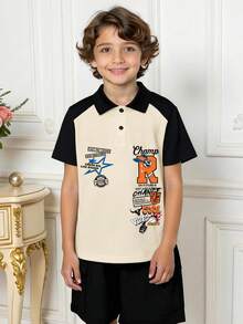 青少年男童个性化简约梦幻图案运动校园风套头Polo衫，儿童休闲夏季新款上衣 - 杏色 - 查看 5