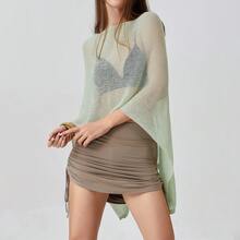 Womens Sheer Blouse Top Knit Lightweight Shrug Sweater Poncho Y2K Sheer See Through Knit Poncho Asymmetric Shrug Bolero Beach Cover Up Tops Pullover Crochet Shawls - 薄荷綠 - 查看 10