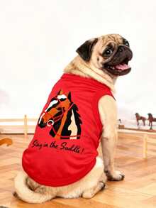 LUCKIE LABO 1件新年马年“保持骑姿”马匹印花背心，适合吉娃娃及小型犬，防跳蚤，时尚休闲，室内外均可穿着。 - 紅色 - 查看 3