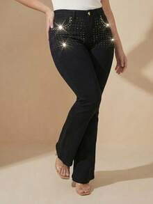 pthirillo Women's Black Flare Jeans With High-Waisted Butt-Lifting Effect And Rhinestone Detail. - 口袋水鑽 - 查看 2