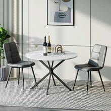 Dining Table And Chairs Set Of 2, White Folding Round Dining Table With 2 Grey PU Leather Chairs For Dining Room, Kitchen, Living Room - White Marble Table + 2 Gray PU Chairs - View 12