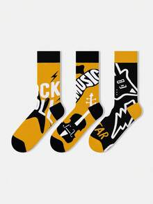 1/3 Pairs Men's Black & Yellow Guitar Letter & Music Note Artistic Design Combed Cotton Breathable Mid-Calf Socks, Suitable For Travel, Home, Office, Holiday Gifts - Multicolor - View 14