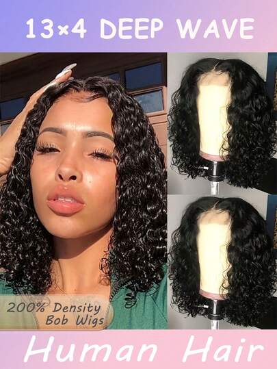 女士深波浪卷发波波头假发 - 自然逼真蕾丝前真人发假发，200%密度，13x4蕾丝前额设计，适合所有发质，即戴即用。200%密度13x4蕾丝前真人发假发，短款卷发波波头，预先拔毛并带有婴儿发。13x4深波浪蕾丝前假发，无需胶水即可佩戴，预先拔毛并剪裁，专为女性设计，长度可选8-16英寸。