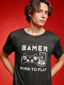 男士印花短袖睡衣套装，夏季家居服 - 黑色 - 查看 3