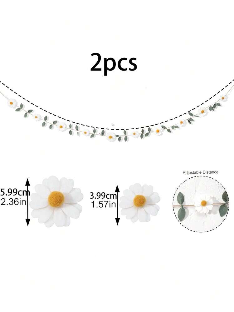 1/2pcs Wool Felt Daisy Chain Banner Wreath - Daisy 1st Birthday Decoration, Daisy Theme Party Decoration, Kindergarten Wedding Decoration, White Wool Felt Daisy Green Leaf Wreath - Multicolor - View 8