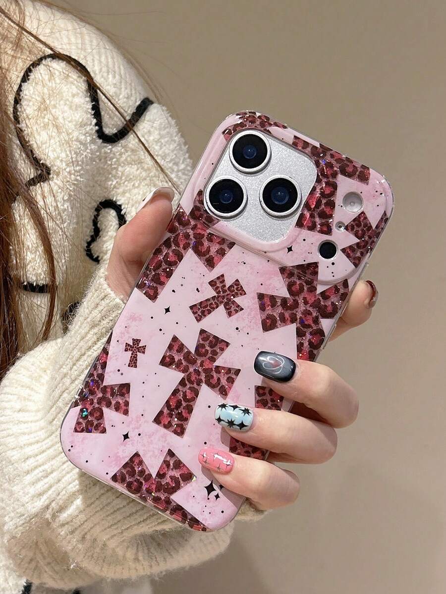 Minimalist Glitter Bow Cross Design Phone Case Compatible With IPhone 17, 16, 15, 14 - Pink - View 1