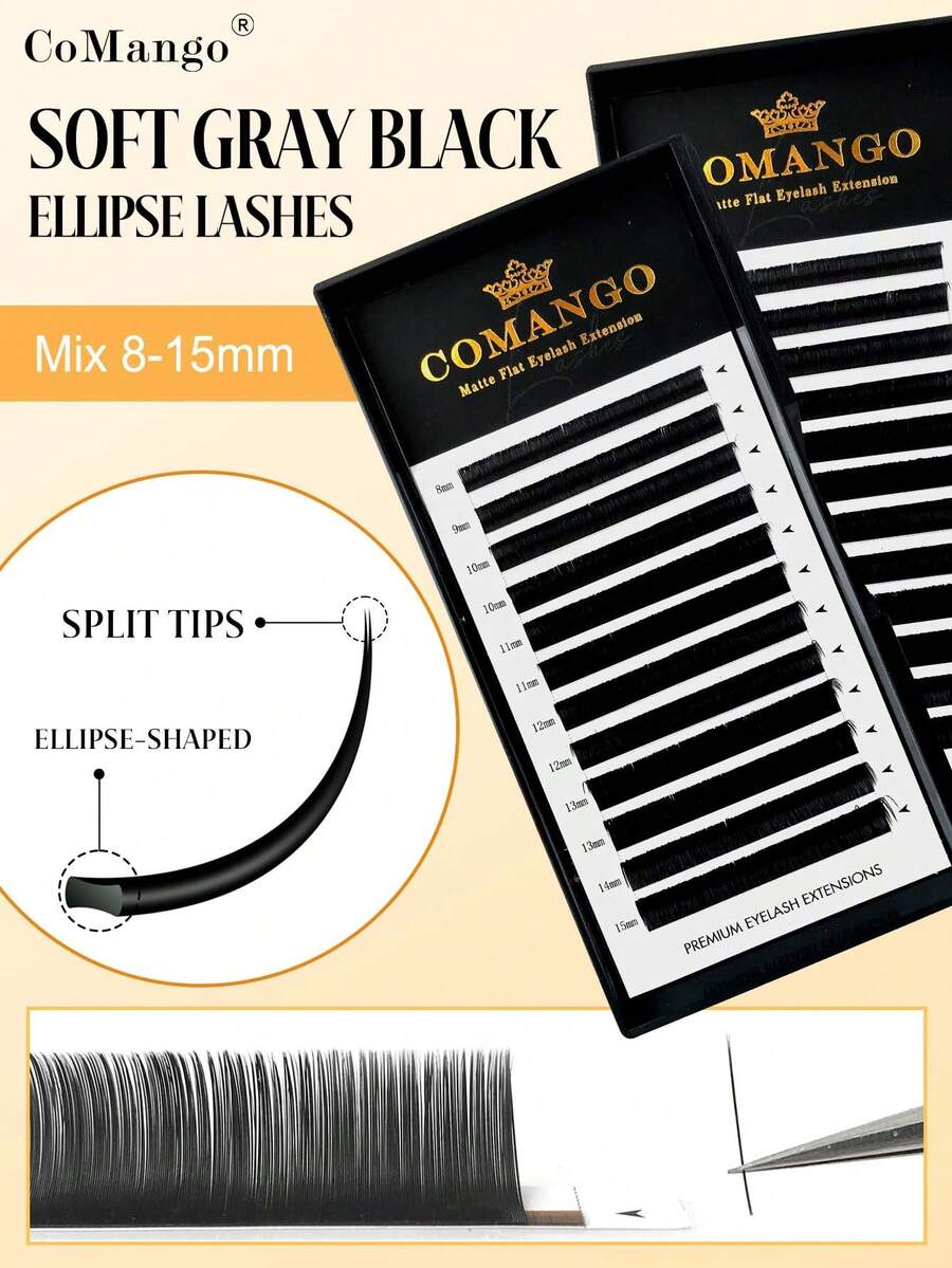 CoMango Mi giả 12 hàng, độ cong C/D, hình elip dẹt, đầu chẻ, độ dày 0.15/0.20mm, màu xám đen mờ, siêu mềm, tự nhiên.