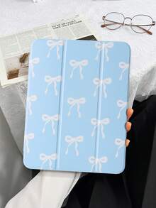 Blue & White Minimalist Bow Pattern Protective Case Compatible With IPad (A16) 11 Inch 11th Generation 2025, Compatible With IPad 10.2 Inch 2021/2020 10th/9th/8th Generation, Galaxy Tab A8 10.5 Inch 2022, Tablet Cover With Pencil Holder, Auto Sleep/Wake - Sky Blue - View 1