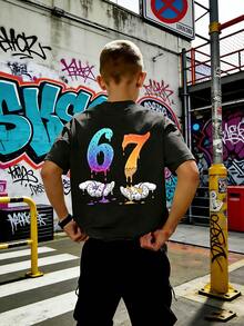 Tween Boy Fashionable Colorful Number 67 Graphic Print T-Shirt, Summer Top For Boys - Dark Grey - View 3