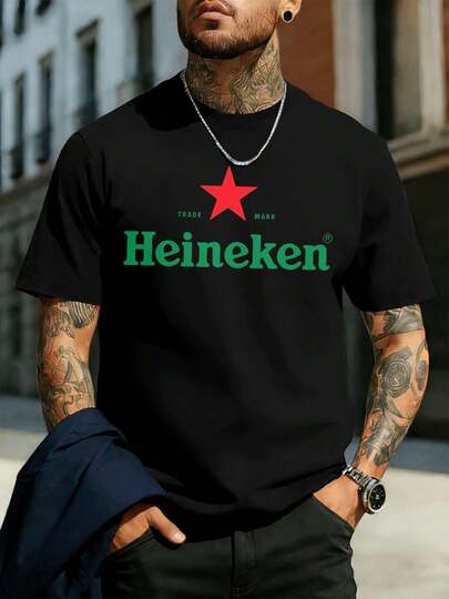 T-shirt nera in cotone con logo Heineken, materiale di alta qualità, vestibilità comoda, traspirante, stile street hip-hop, stampa artistica