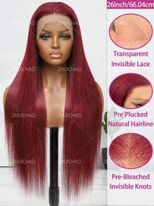 ZHUICHAO 26 Inch 180% Density Burgundy Reddish Human Blended Hair Straight Wig 13x4 Human Blended Hair Lace Front Wig With Baby Hair Heat Resistant & Breathable Synthetic Fiber Material Natural Hairline Free Parting Suitable For Party And Daily Wear - BUG - View 3