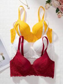3pcs/Set Women's Full Coverage Elegant Floral Lace Underwire Push-Up Bra - Multicolor - View 6