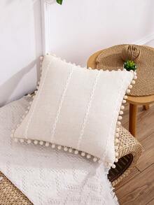 1件/2件装亚麻提花装饰抱枕套，带绒球流苏条纹，适用于客厅沙发家居装饰，米色 - 米色 - 查看 4