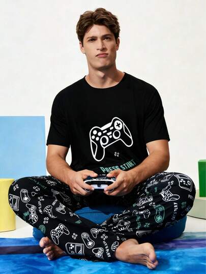 Men's Printed Short Sleeve Pajama Set, Summer Home Wear