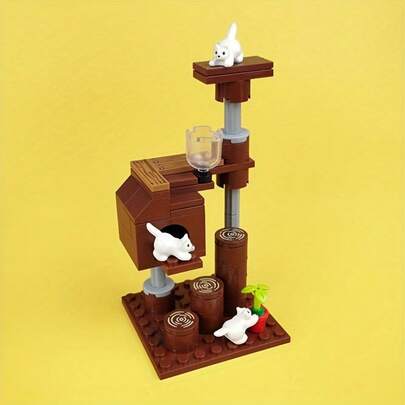 305pcs MOC Small Particle Building Blocks Loose Parts Cat House, Climbing Frame, Pets, Blue Cat, White Cat Accessories