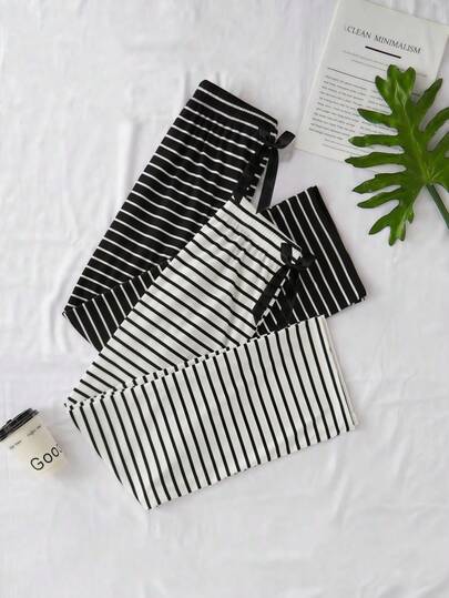 2pcs Women's Spring/Summer Striped Bow Tie Straight Leg Pants, Loose Casual Comfortable Homewear & Outdoor Wear
