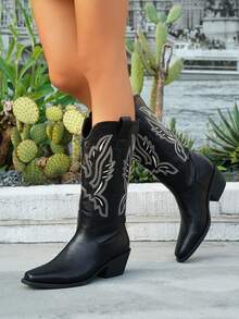 女士西部牛仔靴，新款欧美西部风格，饰以传统刺绣，假日休闲方头低跟靴底，防滑耐磨，不易疲劳，适合牧场文化牛仔派对和街头文化时尚日常节日穿着。 - 黑色 - 查看 7