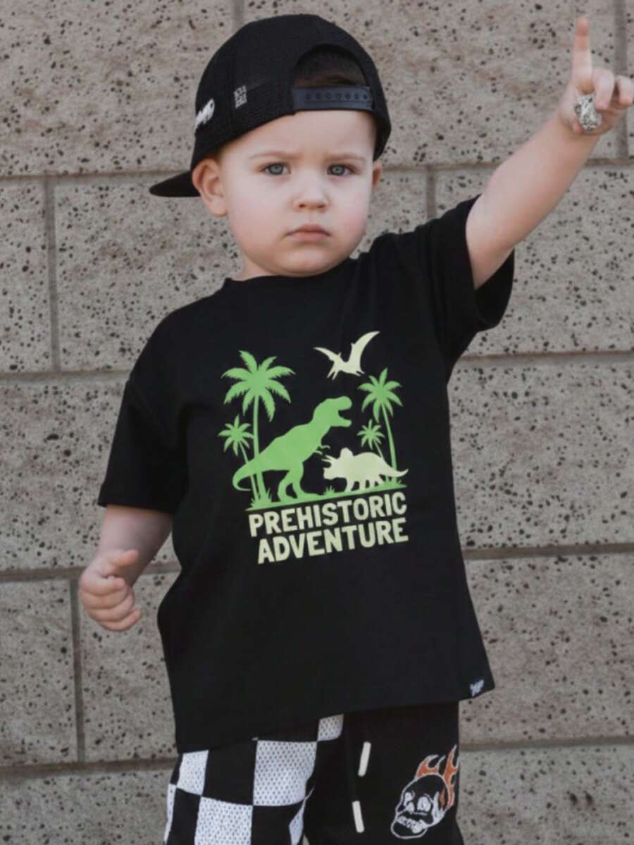 1件装男童休闲印花圆领短袖T恤，夏季学生服装 - 一款百搭T恤，为每个孩子带来欢乐和幸福！ - 黑色 - 查看 1