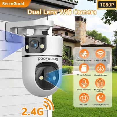 RecorGood 1pc WIFI Dual Lens 2MP Surveillance Camera, With Calling Button - Designed For Elderly And Children, With Privacy Screen Function And Scheduled Setting, Suitable For Bedroom And Other Private Spaces, Smart B&W/Color Night Vision, AI Motion Detection With Real-Time Alerts, Smart Person Tracking, All-Round Indoor/Outdoor Security Protection, Best Gift For Valentine's Day, Christmas, New Year