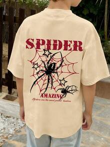 Tween Boy Spider & Spider Web Pattern Pullover Sweatshirt, "SPIDER" Letter Print, Round Neck Short Sleeve, Suitable For Summer And Autumn, New Boys Clothing - Apricot - View 1
