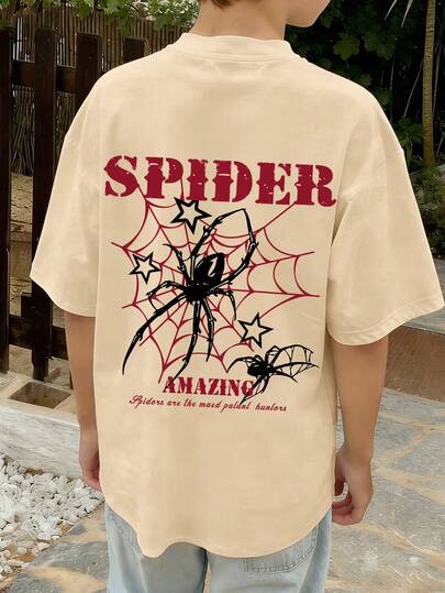 Sudadera con capucha de niño preadolescente con estampado de araña y tela de araña, estampado de la letra "ARAÑA", cuello redondo de manga corta, adecuada para verano y otoño, nueva ropa de niños