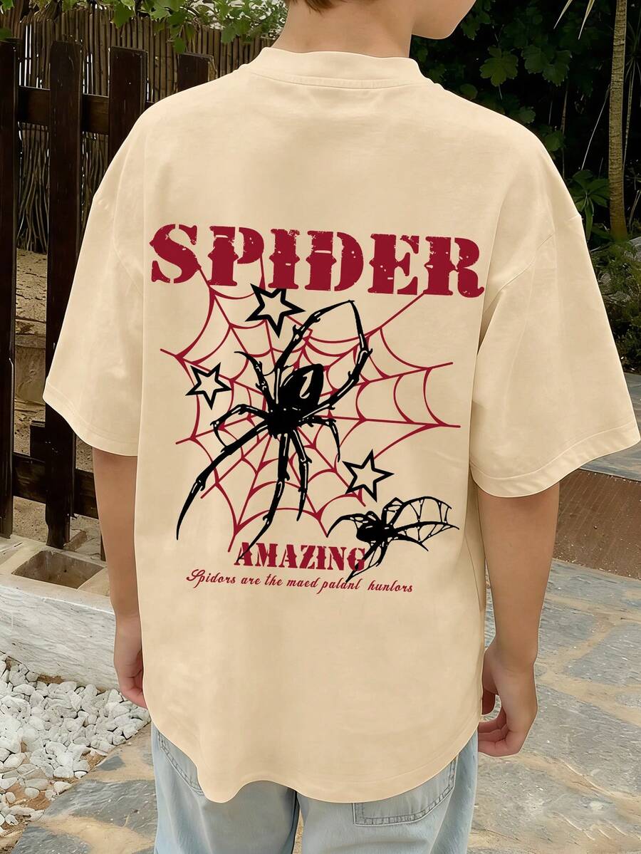 Tween Boy Spider & Spider Web Pattern Pullover Sweatshirt, "SPIDER" Letter Print, Round Neck Short Sleeve, Suitable For Summer And Autumn, New Boys Clothing - Apricot - View 1