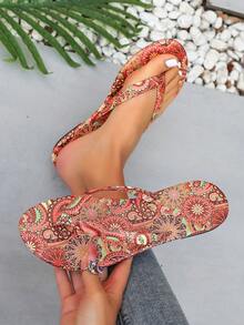 Women's Outdoor Sports Sandals And Flip Flops, Retro Style, Traditional Colored Retro Patterns Thin Belt Flip Flops, Comfortable, Lightweight, Slip-Resistant, Soft Sole Slippers, Valentine's Day Slippers, Women Summer Sandals, Sandals For Women, Wedding Bride Wedding Items Beach Shoes, Flip Flop For Home Use, Crossing Thin Shoelaces Flip Flops - Multicolor - View 4