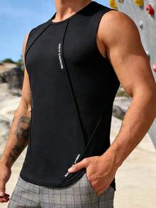 Men's Casual Sports Tank Top, Loose Fit Sleeveless Gym Fitness Vest, Summer T-Shirt - Black - View 5