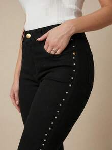 Women's Black Flare Jeans With High-Waisted Butt-Lifting Effect And Rhinestone Detail. - Side Rhinestones - View 2