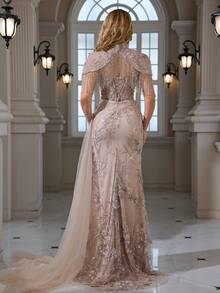 Beaded, Sequin, Embroidered Lace 3D Floral Decor Fringed Shawl, Pleated Elegant Mermaid Hem Tulle Gown, Suitable For Weddings, Galas, Parties, Dry Clean Vacation Spring Party - Apricot - View 4