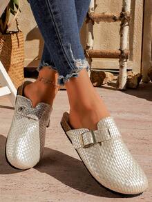 Women's Spring/Summer Flat Closed-Toe Slides - Popular Slip-On Slouchy Shoes With Belt Buckle, Fishing Net Woven Slippers Versatile Design. - Silver - View 9