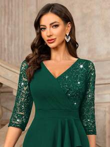 MIUSOL Classic V-Neck Sequin Floral Lace Contrast Ruffle Hem 3/4 Sleeve Bodycon Cocktail Dress Wedding Spring Party - Dark Green - View 10