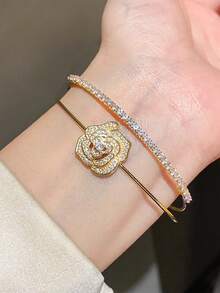 1件装 时尚花朵双层立方氧化锆装饰多层开口手链，适合女性日常佩戴，复古简约时尚精致手链，轻奢高端女士珠宝 - 手鐲 - 查看 4
