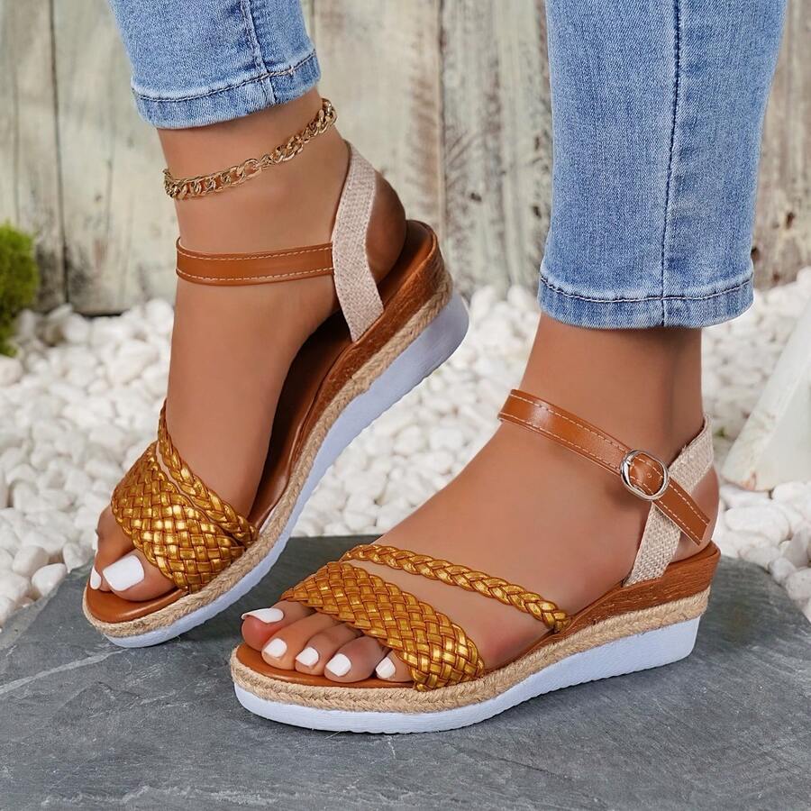 1 Pair Summer New Round Toe Woven Upper Thick Sole Wedge Sandals - Brown 03 - View 1