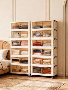 1 chiếc tủ đựng đồ gấp gọn rộng 45cm/17.7", có thể chọn từ 1 đến 6 tầng, tủ hai cửa dày dặn có bánh xe, kệ đựng đồ bằng nhựa gấp gọn không cần lắp ráp dùng trong nhà, thích hợp để đựng quần áo và đồ chơi. - [Chiều rộng 45cm]Màu trong suốt - Xem 5